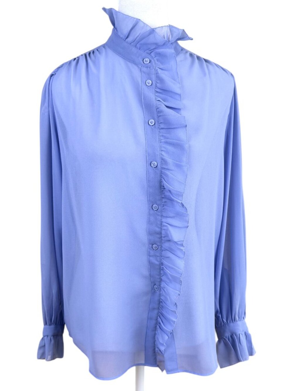 WHBM Blouse Sheer Ruffle Collar & Sleeves Blue Purple Periwinkle (S)